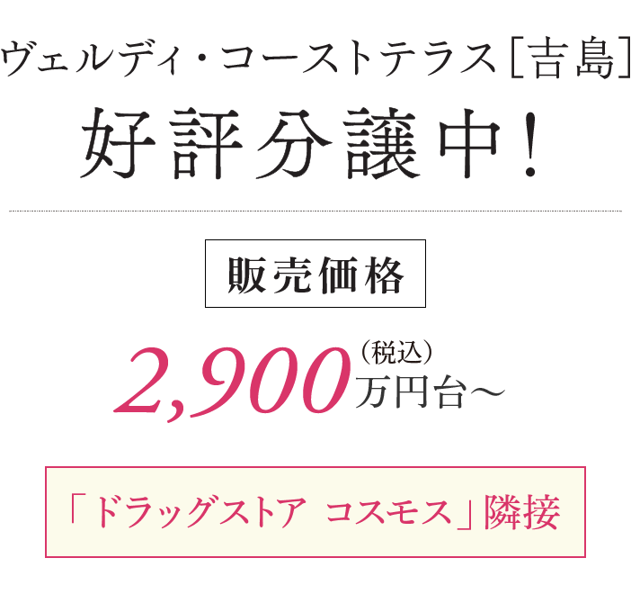 ヴェルディ・コートテラス[吉島] 好評分譲中！ 販売価格 2,900万円台〜 「ディスカウントドラッグ コスモス」隣接 （2023年11月末オープン予定）