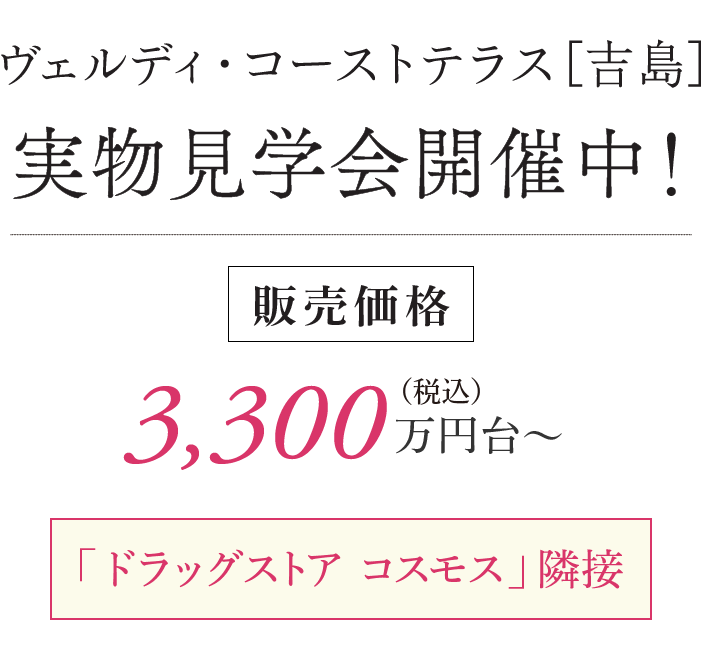 ヴェルディ・コートテラス[吉島] 実物見学会開催中！ 販売価格 3,300万円台〜 「ドラッグストア コスモス」隣接 
